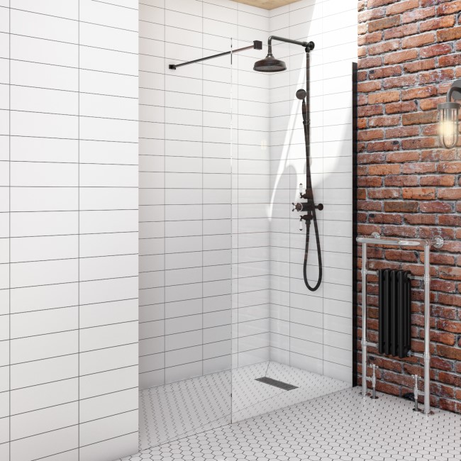 Wet Room Shower Screen 800mm Black Frameless with Wall Support Bar - Corvus