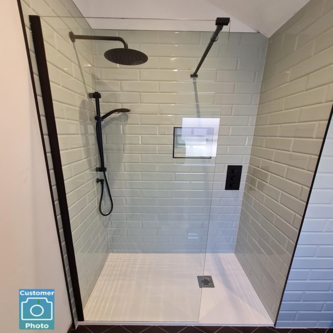 Wet Room Shower Screen 800mm Black Frameless with Wall Support Bar - Corvus