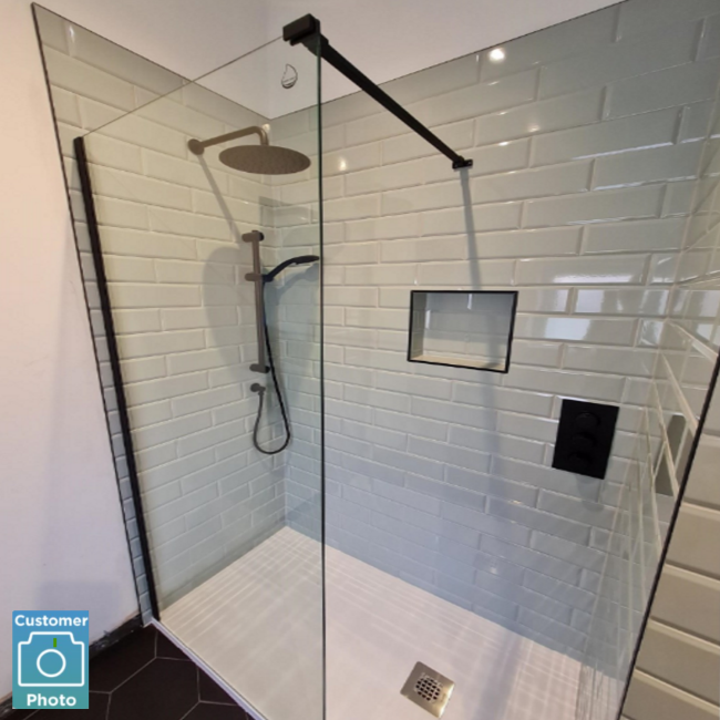 Wet Room Shower Screen 800mm Black Frameless with Wall Support Bar - Corvus