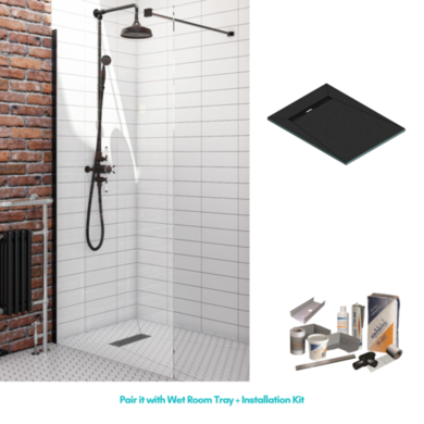 Wet Room Shower Screen 900mm Black Frameless with Wall Support Bar - Corvus