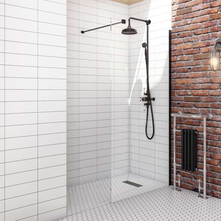 Wet Room Shower Screen 900mm Black Frameless with Wall Support Bar - Corvus