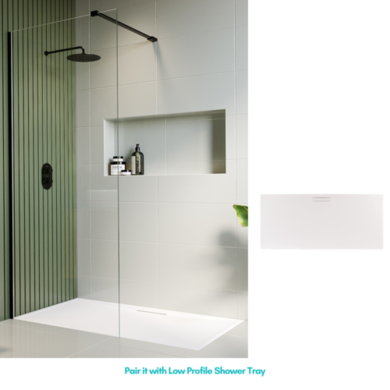 Wet Room Shower Screen 900mm Black Frameless with Wall Support Bar - Corvus