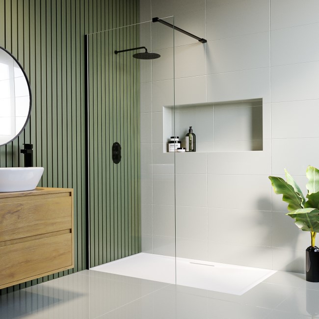 Wet Room Shower Screen 1100mm Black Frameless with Wall Support Bar - Corvus