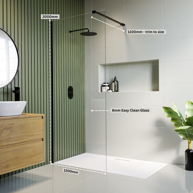 Wet Room Shower Screen 1200mm Black Frameless with Wall Support Bar - Corvus