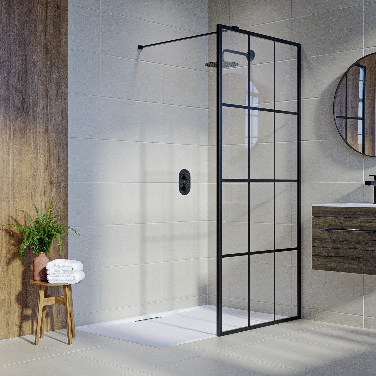 Wet Room Shower Screen 800mm Black Grid Framework with Wall Support Bar - Nova