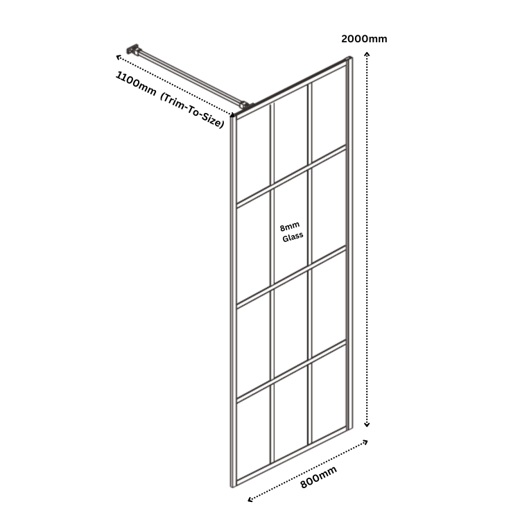 Wet Room Shower Screen 800mm Black Grid Framework with Wall Support Bar - Nova