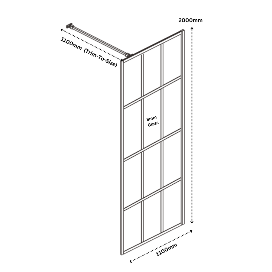 1100mm Black Grid Framework Wet Room Shower Screen - Nova