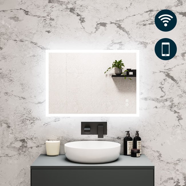 Rectangular Heated Bathroom Mirror with Lights Shaver Socket & Bluetooth Speaker 700 x 500mm - Divine