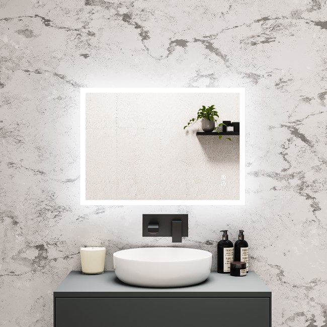 Rectangular Heated Bathroom Mirror with Lights Shaver Socket & Bluetooth Speaker 700 x 500mm - Divine