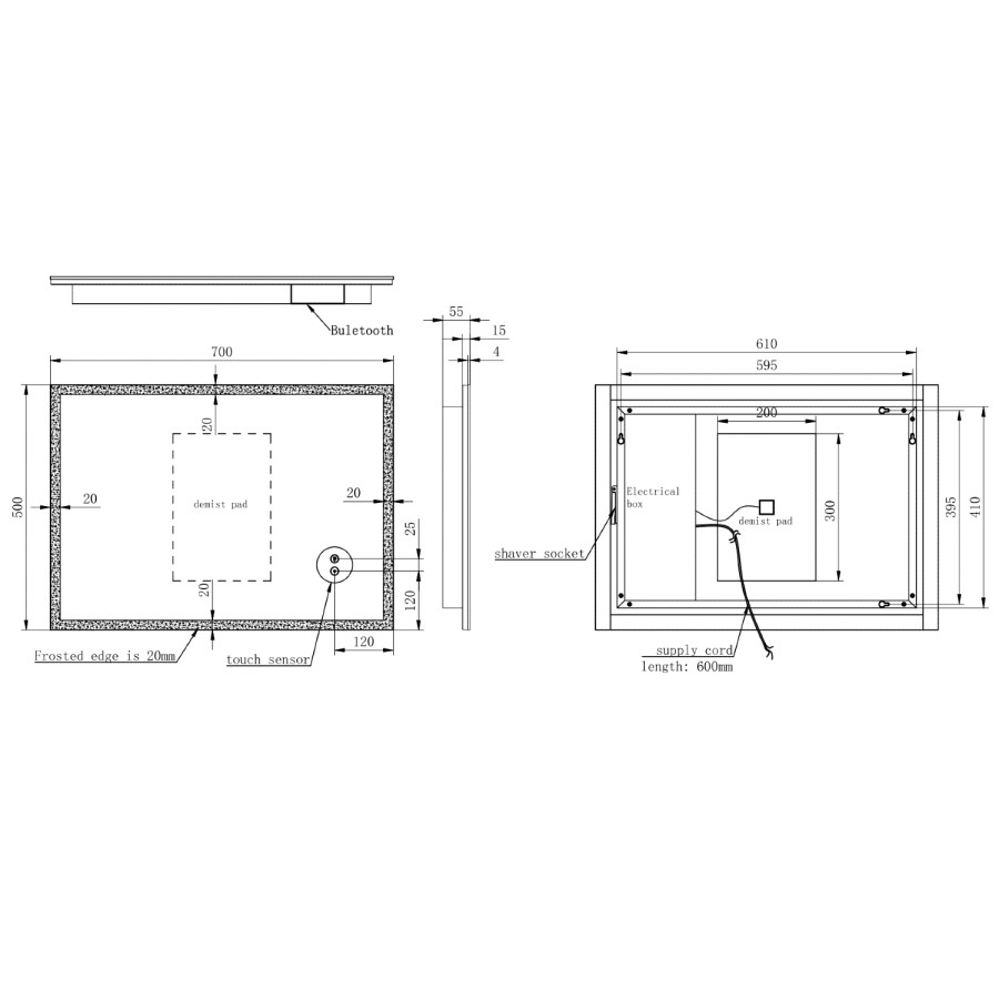 LED Bathroom Mirror with Bluetooth & Shaver Socket 700 x 500mm - Divine