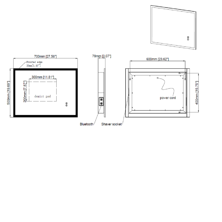 LED Bathroom Mirror with Bluetooth & Shaver Socket 700 x 500mm - Divine
