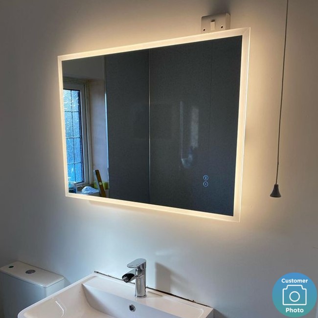 Rectangular Heated Bathroom Mirror with Lights Shaver Socket & Bluetooth Speaker 800 x 600mm - Divine