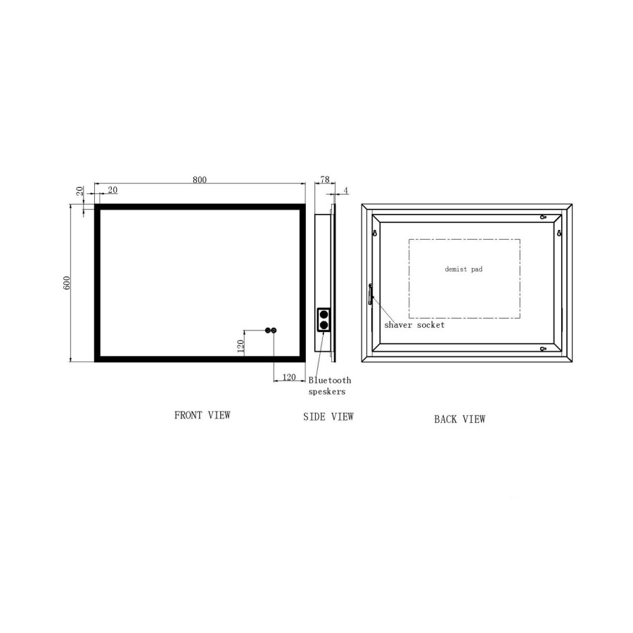 Rectangular LED Bathroom Mirror with Bluetooth & Shaver Socket 800 x 600mm - Divine