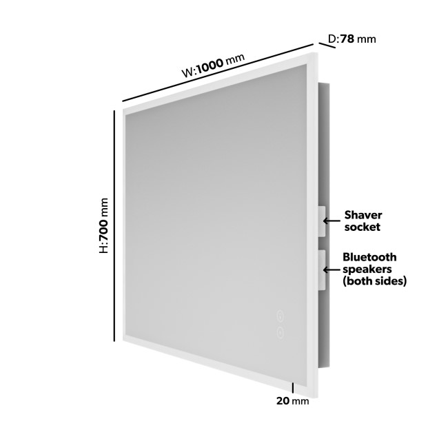 Rectangular Heated Bathroom Mirror with Lights Shaver Socket & Bluetooth Speaker 1000 x 700mm - Divine