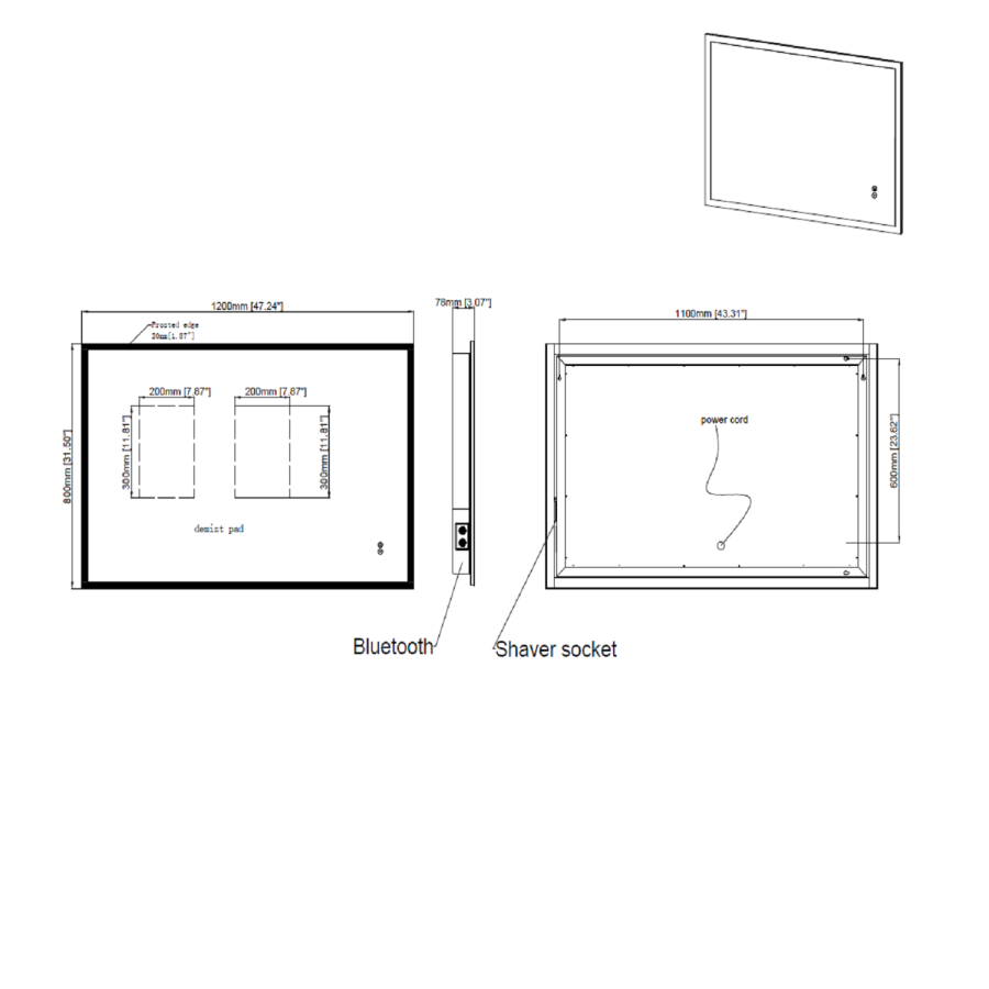 Rectangular LED Bathroom Mirror with Bluetooth & Shaver Socket 1200 x 800mm - Divine