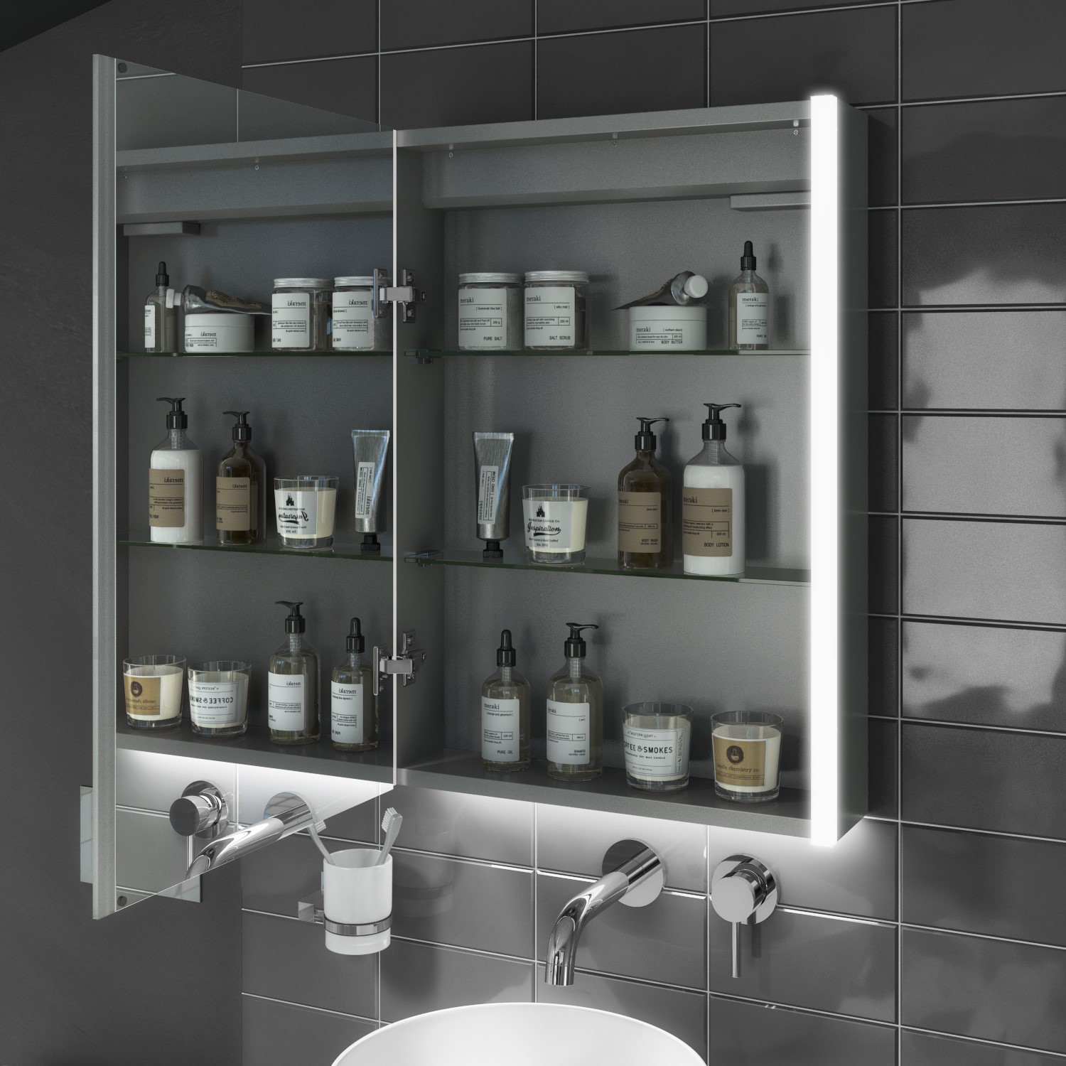 Chrome Mirrored Wall Bathroom with Lights and Shaver Socket 500