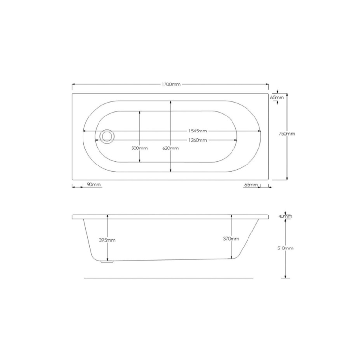 Single Ended Whirlpool Spa Bath with 14 Whirlpool Jets 1700 x 750mm - Alton