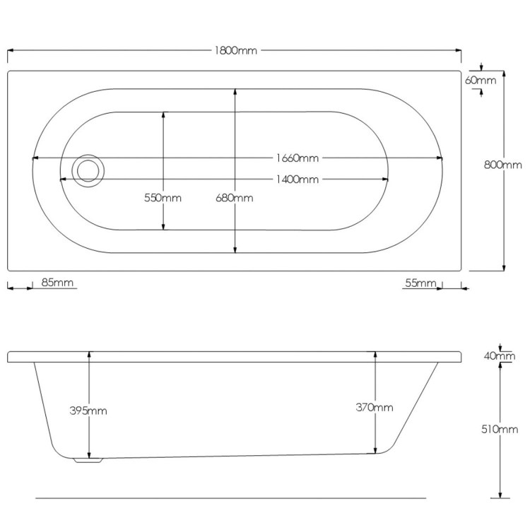 Single Ended Whirlpool Spa Bath with 14 Whirlpool & 12 Airspa Jets 1800 x 800mm - Alton