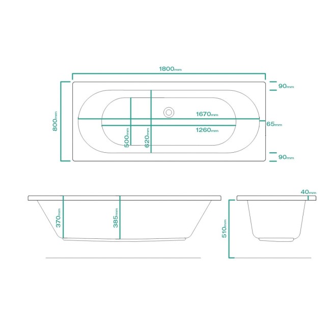 Double Ended Whirlpool Spa Bath with 14 Whirlpool Jets 1800 x 800mm - Burford