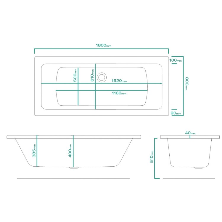 Double Ended Whirlpool Spa Bath with 14 Whirlpool Jets 1800 x 800mm - Chiltern