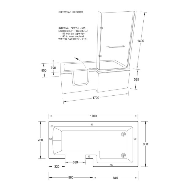 L Shape Shower Bath Left Hand with Front Panel & Bath Screen 1700 x 750mm - Yale