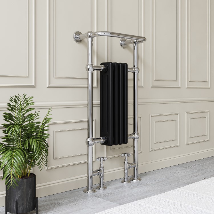 Black and Chrome Traditional Column Radiator with Towel Rail 952 x 479mm - Regent