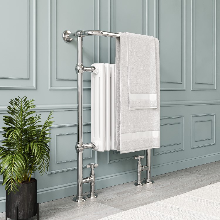 White and Chrome Traditional Column Radiator with Towel Rail 952 x 659mm - Regent