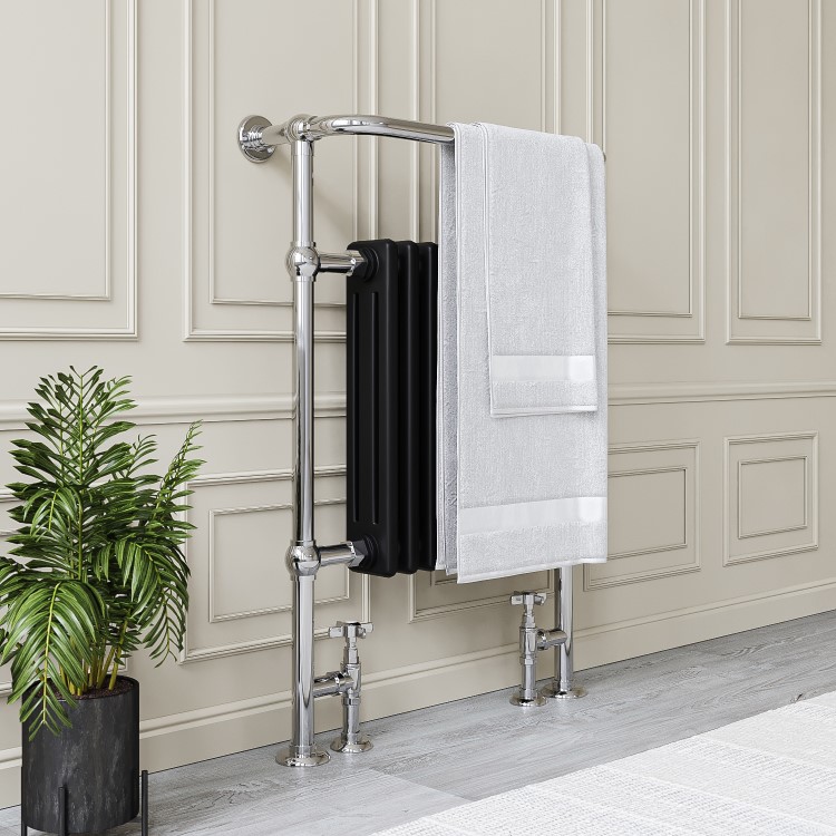 Black and Chrome Traditional Column Radiator with Towel Rail 952 x 659mm - Regent