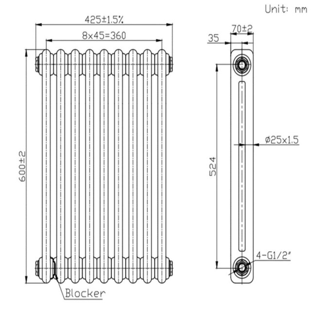 Nambi 2 Column Traditional Radiator - 600mm x 423mm - Gloss White