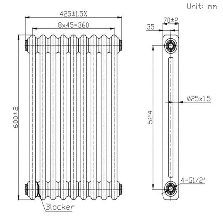 White Horizontal 2 Column Traditional Radiator 600 x 425mm - Nambi