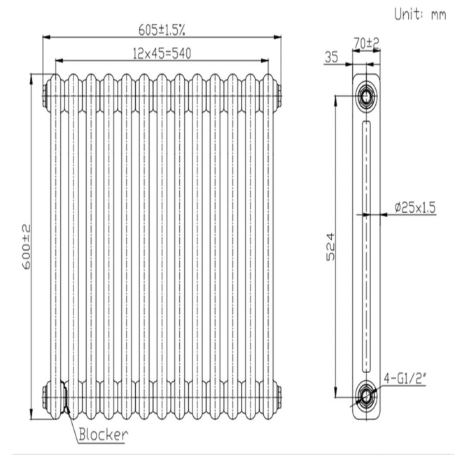 Nambi 2 Column Traditional Radiator - 600mm x 603mm - Gloss White