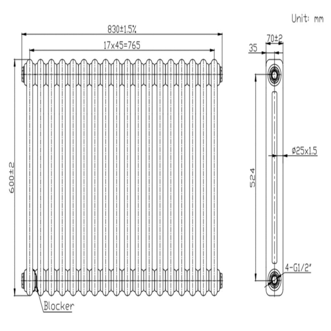 White Horizontal 2 Column Traditional Radiator 600 x 830mm - Nambi