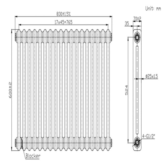 Anthracite Horizontal 2 Column Traditional Radiator 600 x 830mm - Nambi