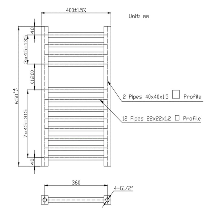 Chrome Heated Towel Rail Radiator 650 x 400mm - Dune