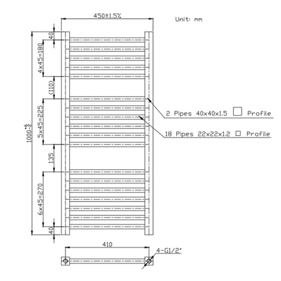 Chrome Heated Towel Rail Radiator 1000 x 450mm - Dune