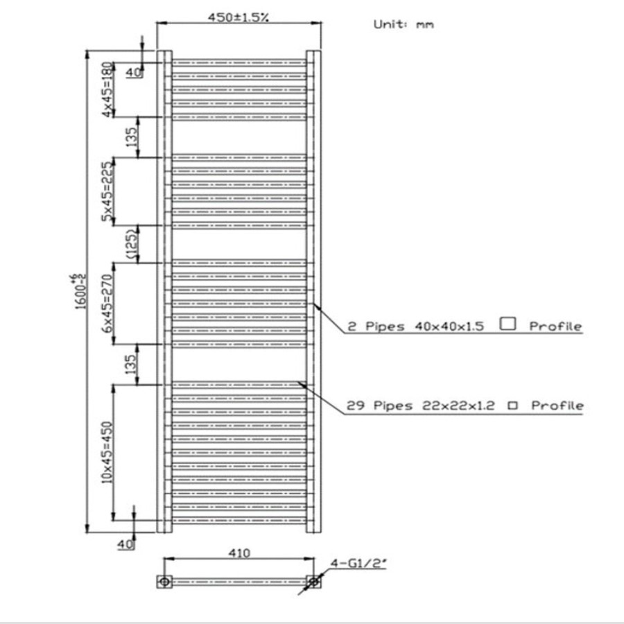 Chrome Heated Towel Rail Radiator 1600 x 450mm - Dune
