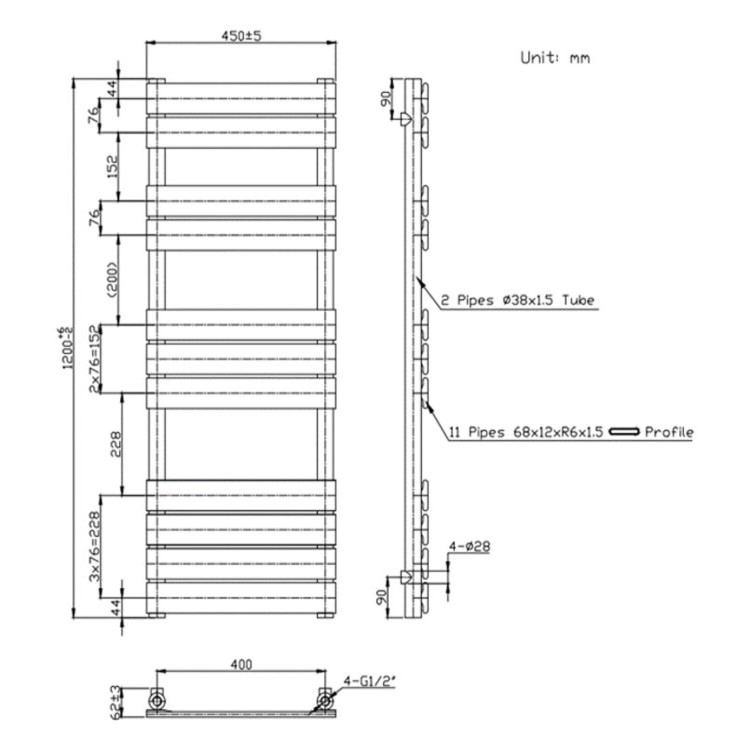 Chrome Towel Radiator 1200 x 450mm - Tundra