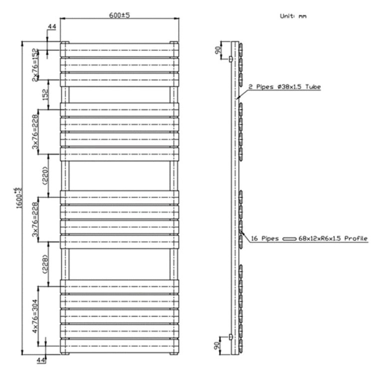 Chrome Towel Radiator 1600 x 600mm - Tundra