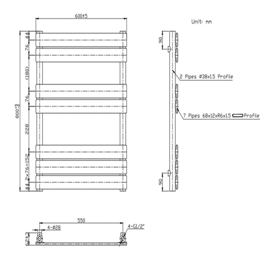 Anthracite Heated Towel Rail Radiator 800 x 600mm - Tundra