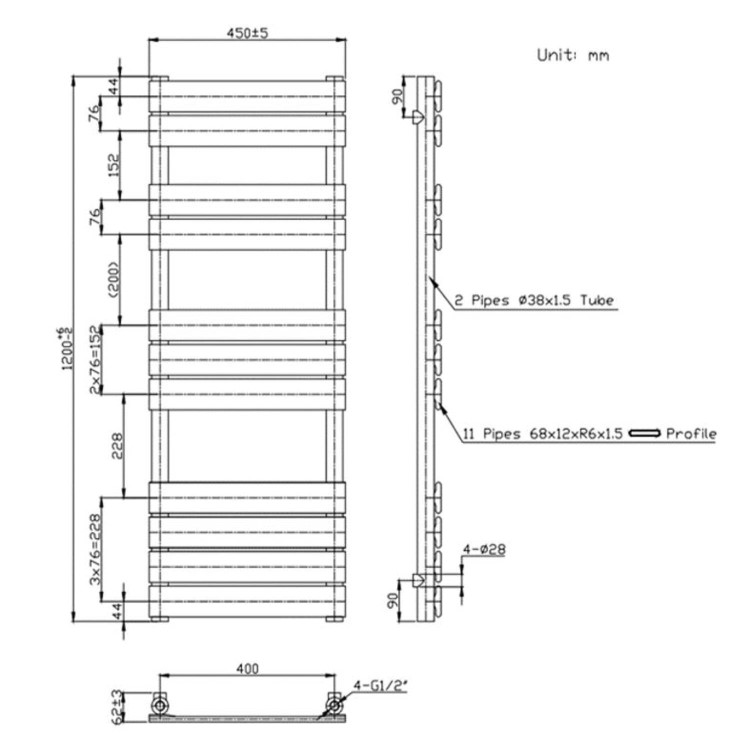 Anthracite Towel Radiator 1200 x 450mm - Tundra