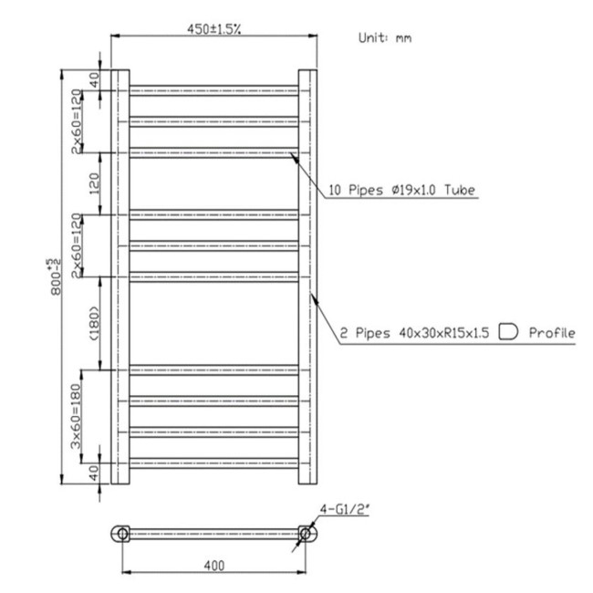 Anthracite Towel Radiator 800 x 450mm - Sahara