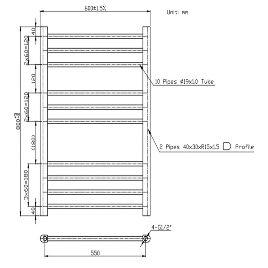 Anthracite Heated Towel Rail Radiator 800 x 600mm - Sahara