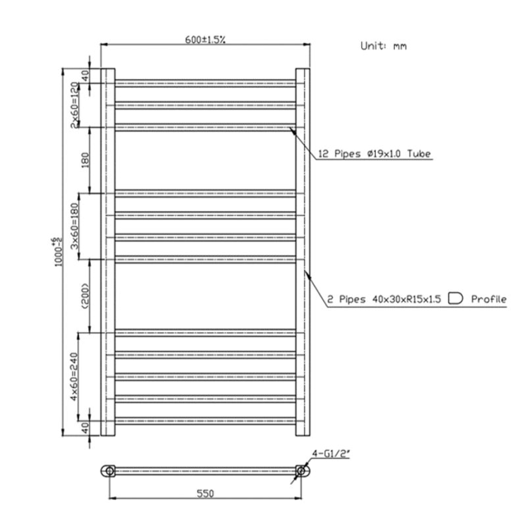 Anthracite Heated Towel Rail Radiator 1000 x 600mm - Sahara