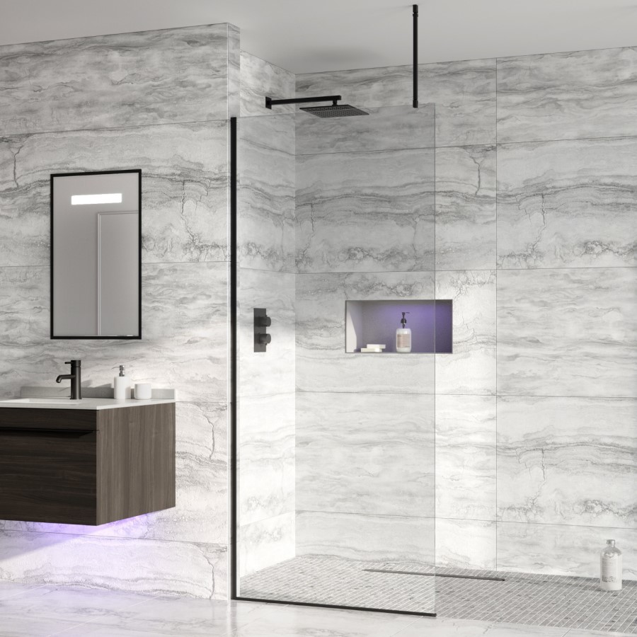 Wetroom Screen with Ceiling Bar 2000 x 800mm - 8mm Glass - Black