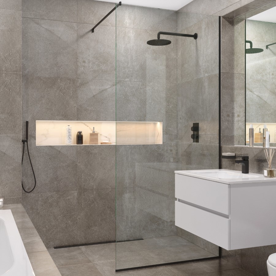 Wetroom Screen with Wall Bar 2000 x 1100mm - 8mm Glass - Black