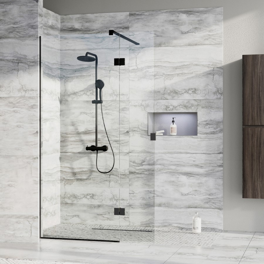 700 x 350mm Black Wet Room Screen with Pivot Return Panel - Live Your Colour