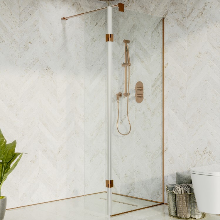 700mm Wet Room Shower Screen Bronze Frameless with 350mm Hinged Flipper Panel and Wall Support Bar - Live Your Colour