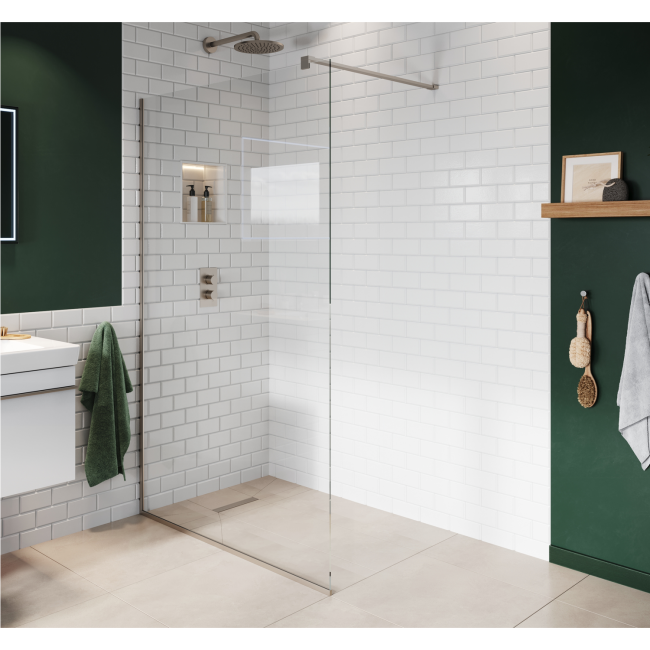 Wet Room Shower Screen 800mm Nickel Frameless with Wall Support Bar - Live Your Colour