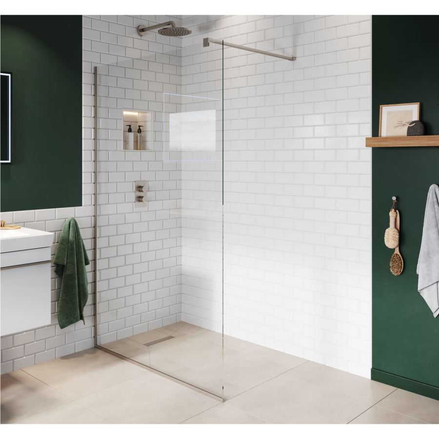 1100mm Nickel Frameless Wet Room Shower Screen with Wall Support Bar - Live Your Colour