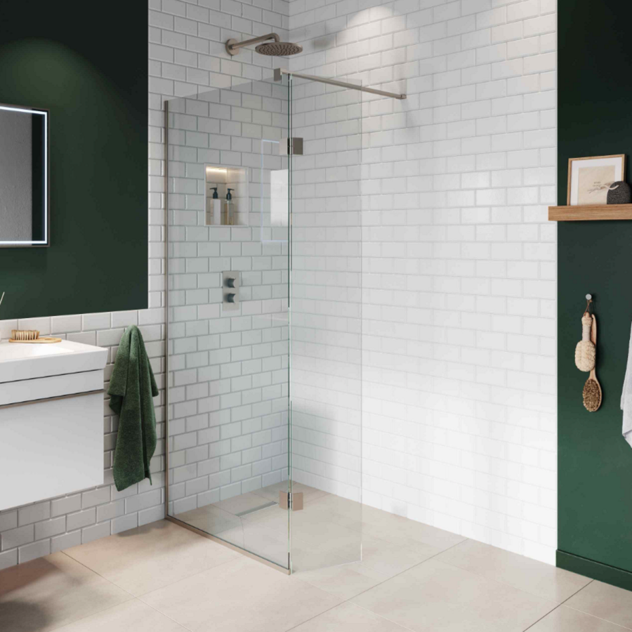 900mm Nickel Frameless Wet Room Shower Screen with 350mm Hinged Flipper Panel - Live Your Colour